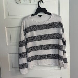 Eileen Fisher Navy and White Striped Cropped Organic Linen Sweater